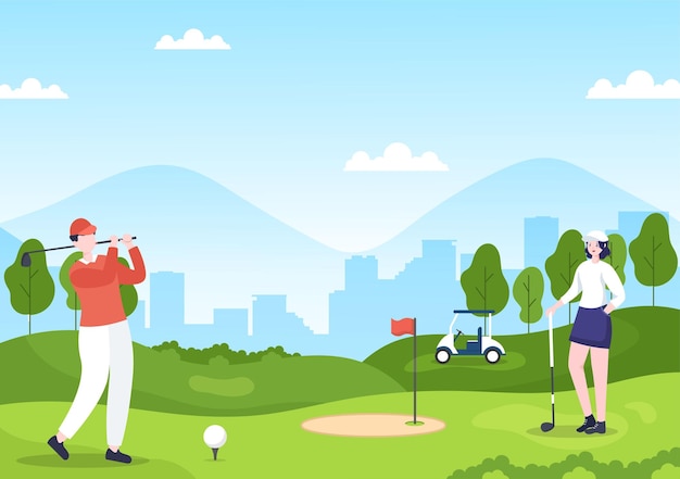 Playing golf sport illustration with flags and equipment on outdoors yard green plants