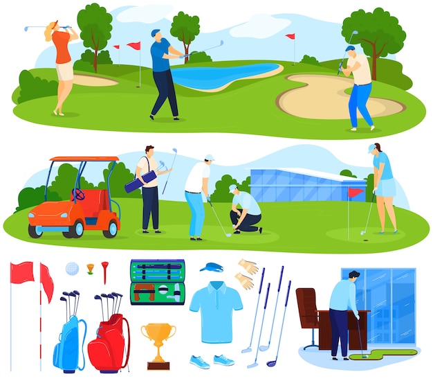 Vettore giocare a golf illustrazione vettoriale set. la gente di giocatori attivi piatti del fumetto gioca il gioco sull'erba, personaggio del golfista che colpisce la palla con il club