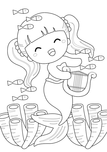 Playing music mermaid coloring for kids and adult