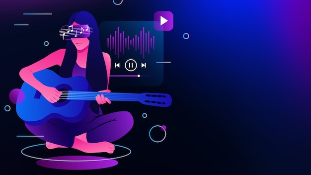 Playing Music in Metaverse Reality Girl with Guitar in VR Goggles