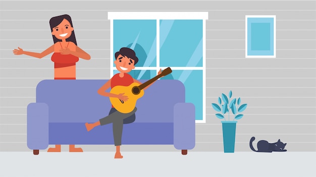 Vector playing music, singing karaoke lover's hobbies activities couples spend together, time with loved ones happiness no place like home concept,colorful  illustration