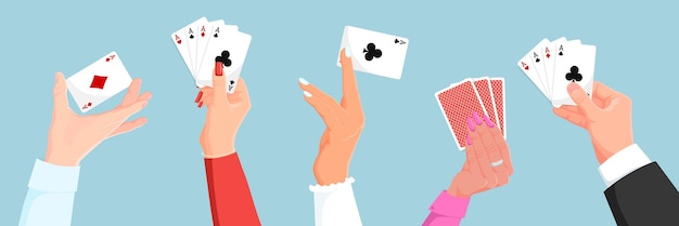 Vector playing poker card in people hand man and woman play blackjack game four of a kind clubs hearts wines diamonds ace gambling in casino lucky entertainment blue background vector illustration