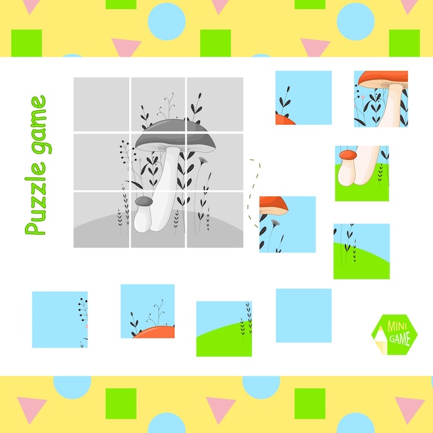 Vettore giocare a puzzle con un'immagine di funghi in stile cartone animato.