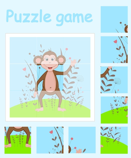 Playing puzzle with a picture with monkey in a cartoon style.