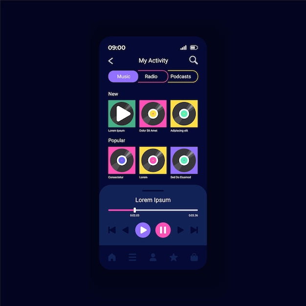 Vettore riproduzione di brani e podcast modello vettoriale interfaccia smartphone. streaming di stazioni radio in diretta. layout di progettazione della pagina dell'app mobile. schermata delle playlist musicali. interfaccia utente piatta per l'applicazione. display del telefono