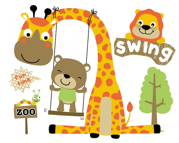 playing swing with animals cartoon 