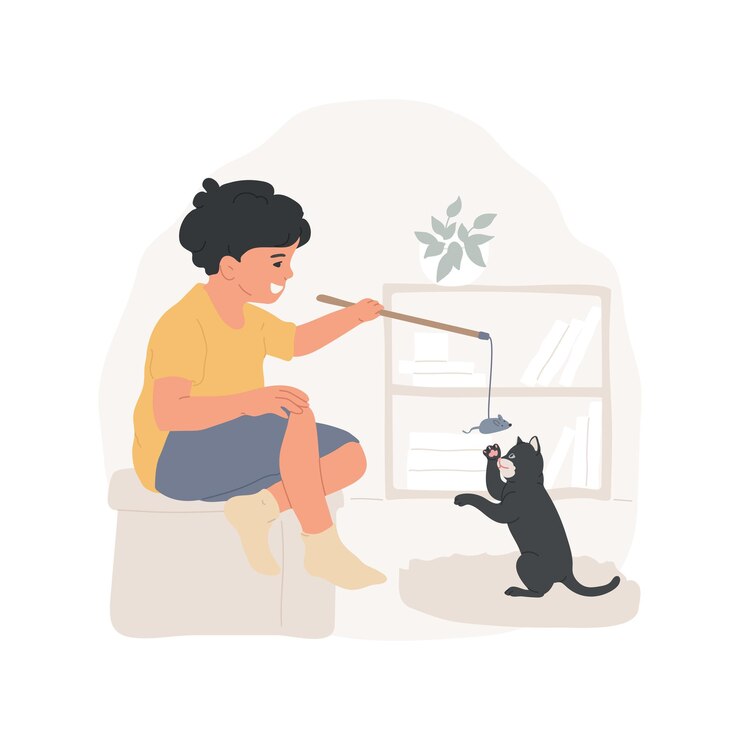 Vector playing with a cat isolated cartoon vector illustration