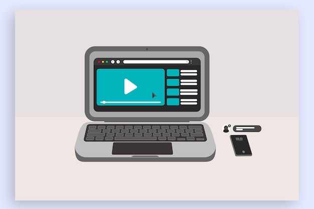 Vettore riproduzione di video di youtube su laptop con notifica del telefono
