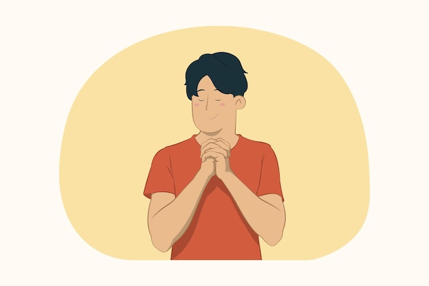 Vector pleading young man holding hands folded in pray concept