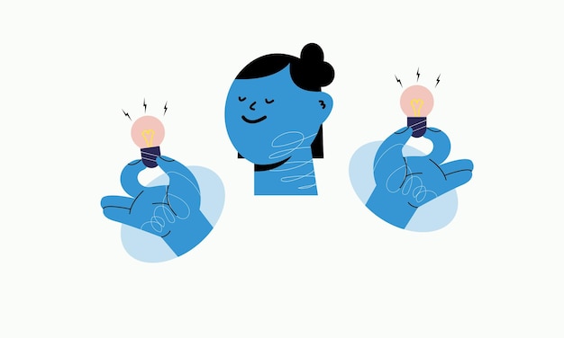 Pleasant expression, light bulb on both hands icon. Symbols of thinking, finding ideas.