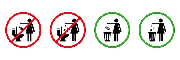 Vettore si prega di non scaricare i rifiuti nel set di segnaletica del bagno mantenere il bagno pulito si prega icon