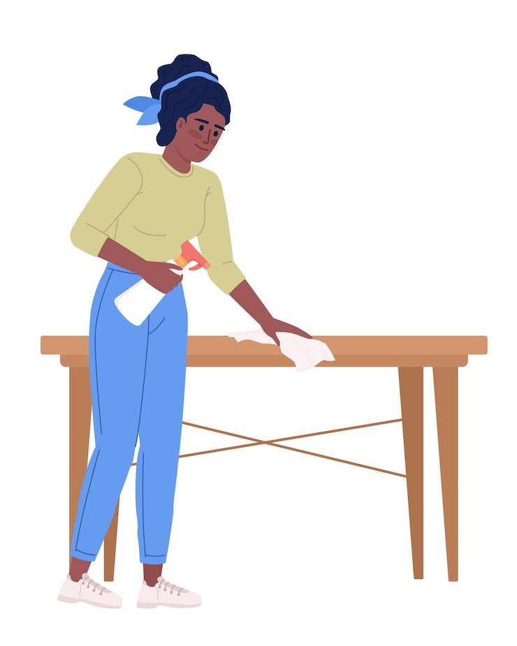 Vector pleased adult lady wiping table with cloth semi flat color vector character