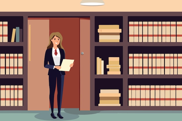 Pleased businesswoman with folder poses in office Female attorney or manager stands near bookcase clutching official documents Vector image