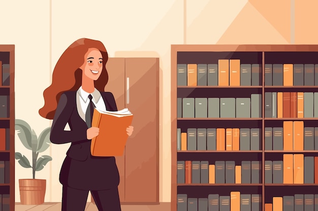 Pleased businesswoman with folder poses in office Female attorney or manager stands near bookcase clutching official documents Vector image