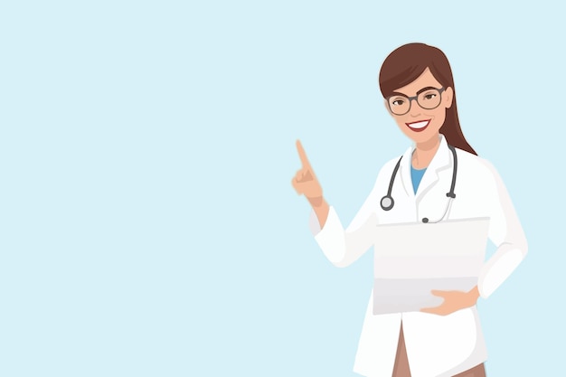 Pleased female doctor clad in white medical attire gestures to blank paper mockup Cheerful general practitioner or therapist displays prescription Vector graphic