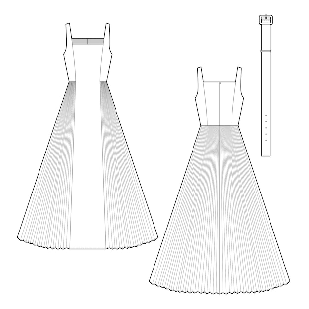 Pleated dress with belt flat drawing