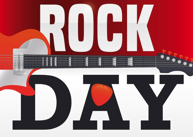 Plectrumgroet zoals kalender en elektrische gitaar die Rock Day aankondigen