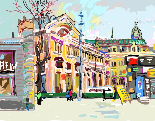 Plein air digital painting of cityscape - kiev ukraine, contemporary art vector illustration