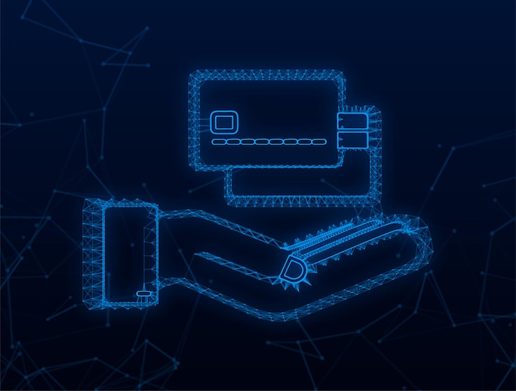 Vector plexus blue simple credit card with hands template on blue background. vector stock illustration