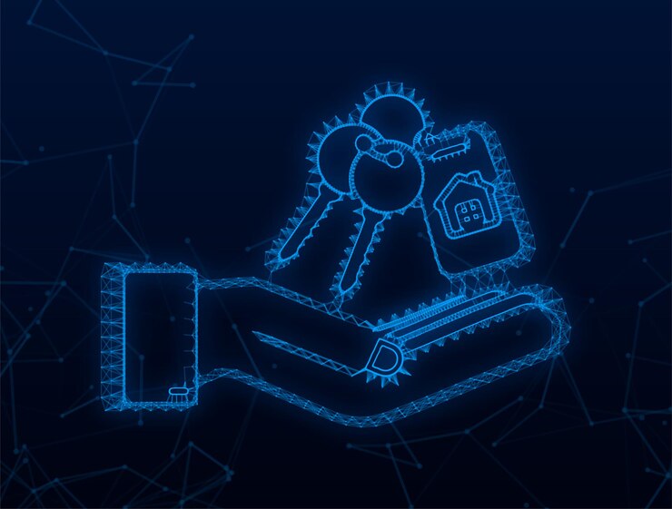 Vector plexus just sold keys handing over hand on blue background. vector stock illustration