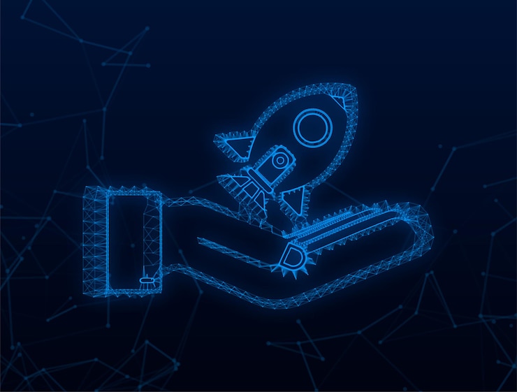 Vector plexus rocket start up concept in hands. vector stock illustration