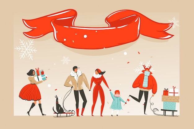 Vector plezier merry christmas tijd illustratie gelukkige xmas mensen en rood lint met kopie ruimte plaats geïsoleerd op ambachtelijke achtergrond