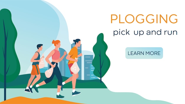 Plogging. люди поднимают траху во время пробежки. женщина и мужчина собирают мусор во время бега. экологичный и здоровый образ жизни. , идея веб-баннера или целевой страницы