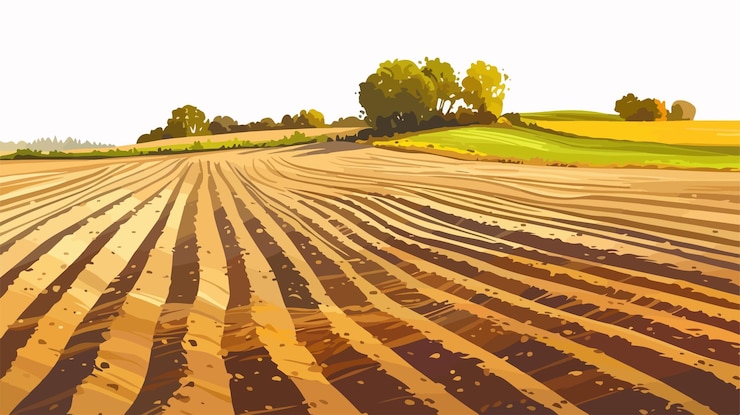 Vector plowed agricultural field with even rows and tractor tracks