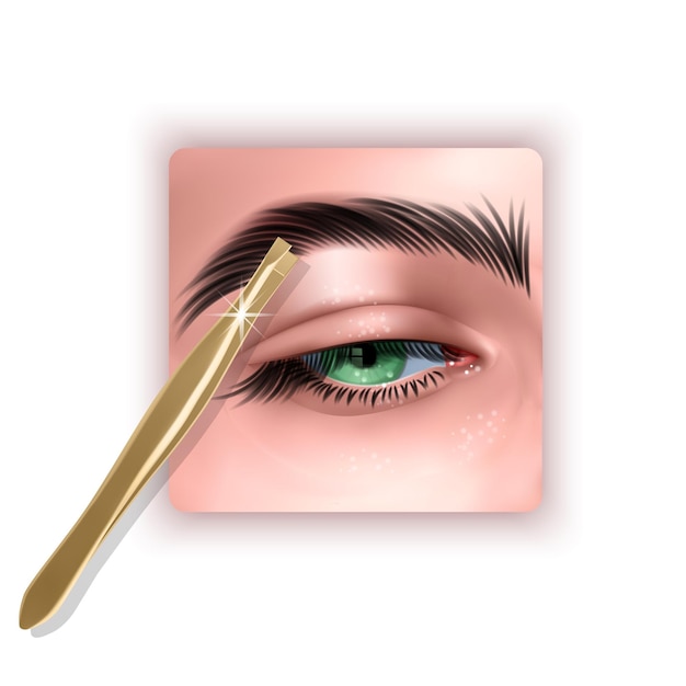 Vector plucking brows hair metal tweezers for eyebrows 3d illustration in realistic style