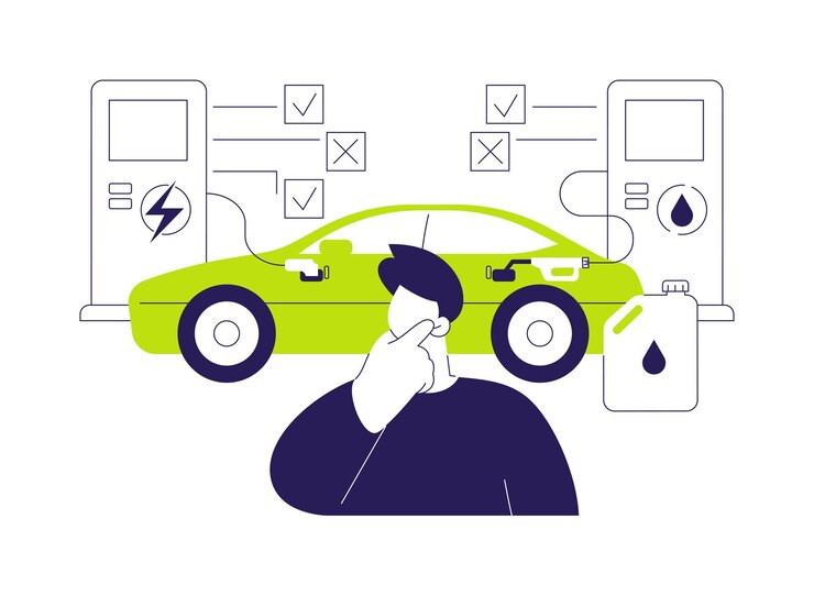 Vector plugin hybrid car abstract concept vector illustration man chooses between charging car with battery