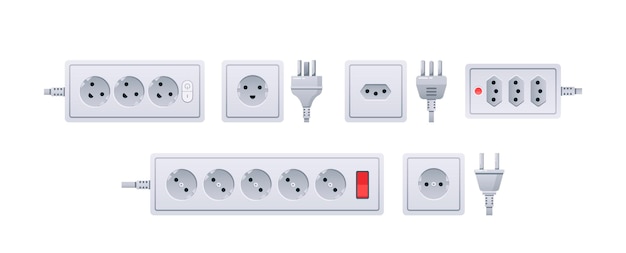 Вектор Типы вилок и розеток, великобритания, сша, ес, австралия, универсальные трехконтактные двухконтактные круглые адаптеры, набор электроприборов для подключения