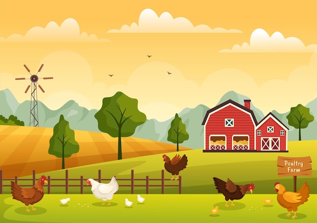 Pluimveehouderij met kip en ei boerderij op groene veld achtergrond weergave in Cartoon afbeelding