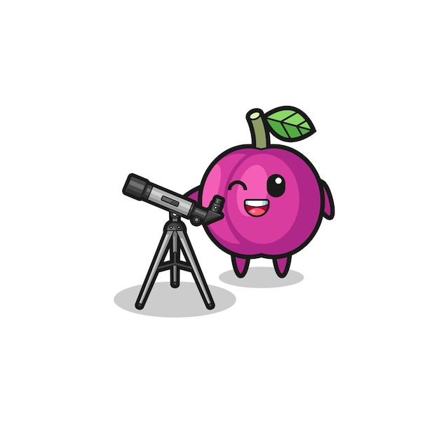 Plum fruit astronomer mascot with a modern telescope , cute design