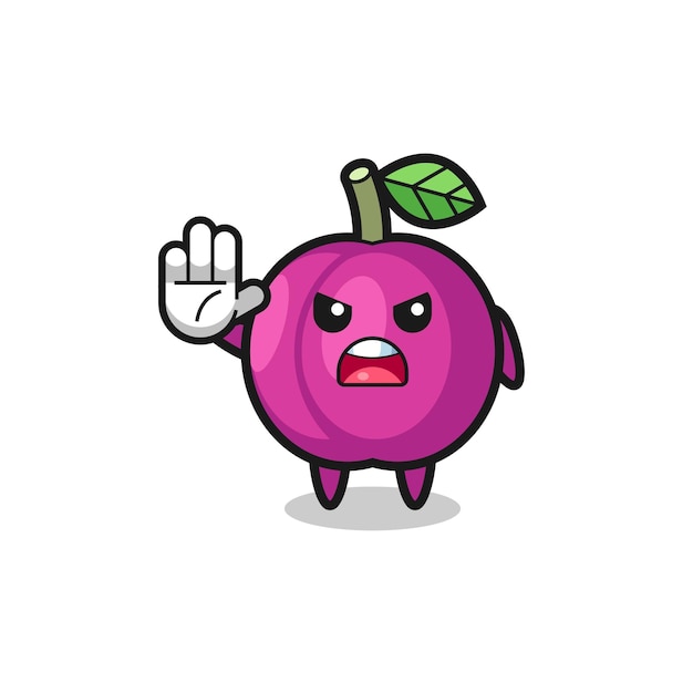 Plum fruit character doing stop gesture cute design