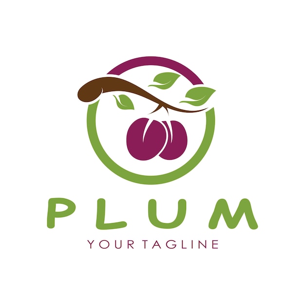 Plum fruit logo met bladeren ontwerp van pruimenplantage fruitwinkel pruimproducten met eenvoudige vectorbewerking