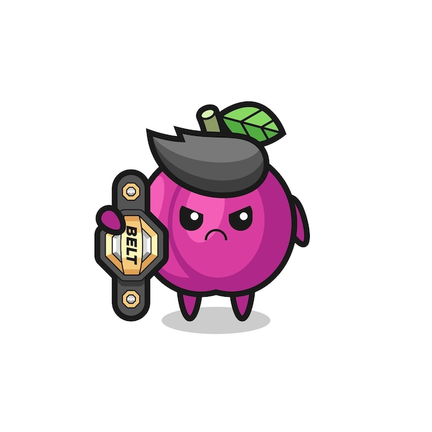 Plum fruit mascot character as a mma fighter with the champion belt , cute style design for t shirt, sticker, logo element