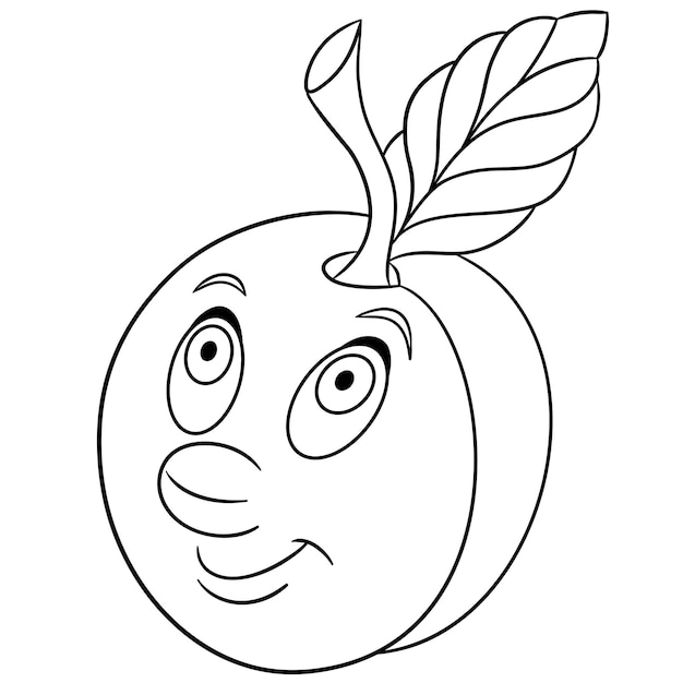 Plum fruit smiling. cartoon funny food emoji face. kids coloring page.