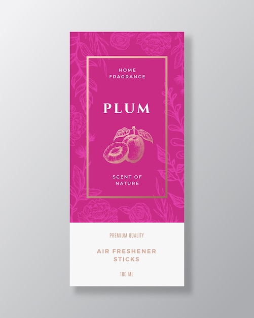 Plum home fragrance abstract vector label template. hand drawn sketch flowers, leaves background and retro typography. premium room perfume packaging design layout. realistic mockup. isolated