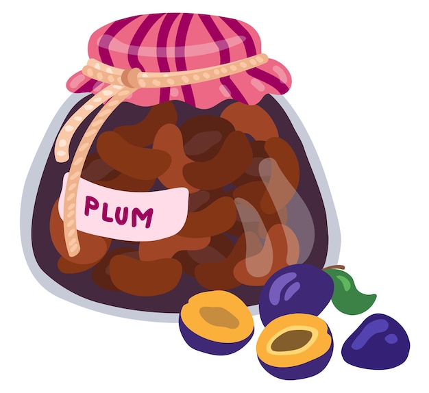 Plum jam in a jar with the inscription Hand drawn vector illustration