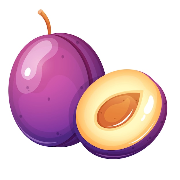 Plum with plum half cartoon style vector illustration