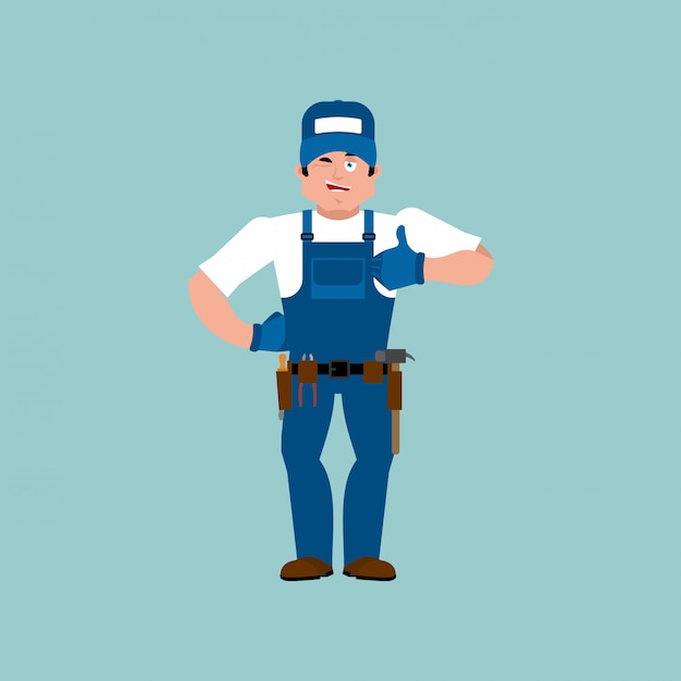 Vector plumber duimen omhoog. fitter knipoogt emoji. dienst werknemer serviceman vrolijke illustratie