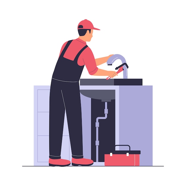 plumber fixing sink faucet in kitchen illustration