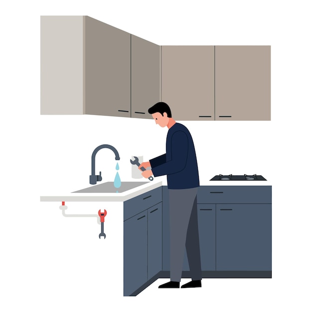 plumber fixing sink pipes in modern kitchen flat vector illustration