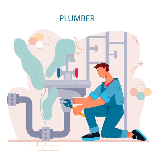 Vector plumber fixing water pipes plumbing services banner or poster flat vector illustration isolated