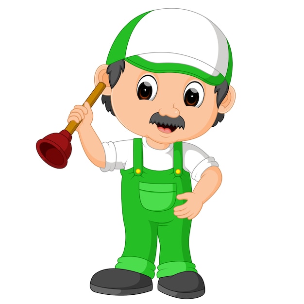 A plumber handyman cartoon character holding a plunger