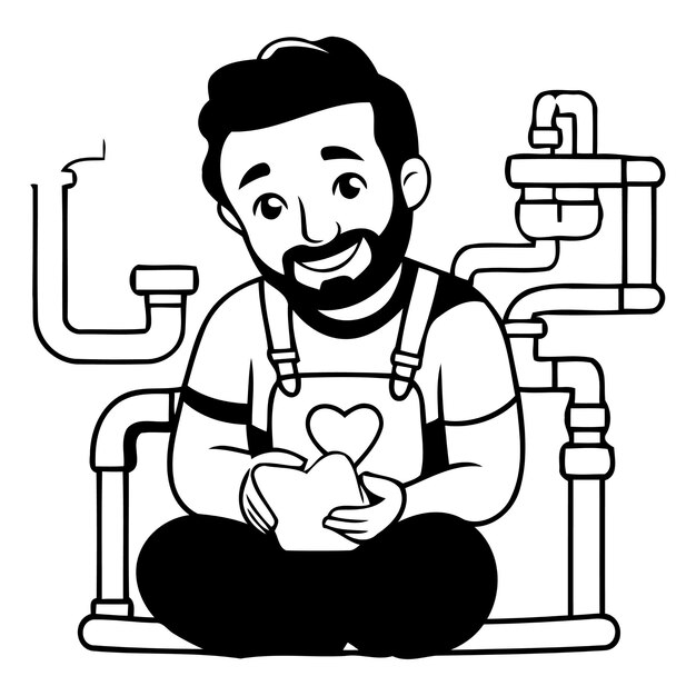 Vettore un idraulico che tiene un cuore nelle mani illustrazione vettoriale in stile cartone animato