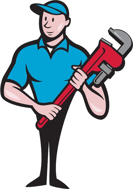 Plumber Holding Monkey Wrench Cartoon