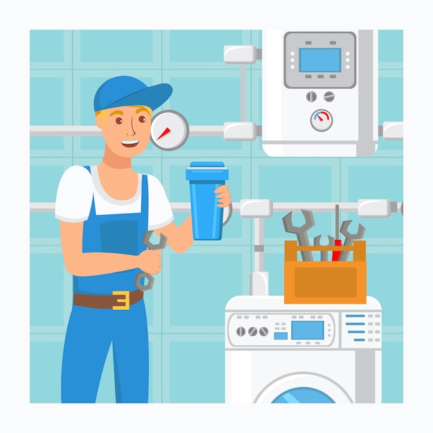 Idraulico holding water filter vector illustration
