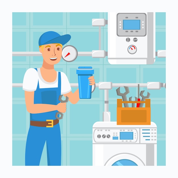 Plumber holding water filter vector illustration