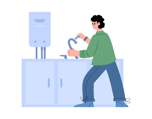 Plumber installs and connects faucet on sink in flat style vector illustration